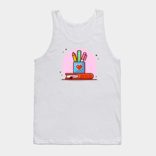 Stationery with Ruler, Pencil, Pen and Book Cartoon Vector Icon Illustration Tank Top